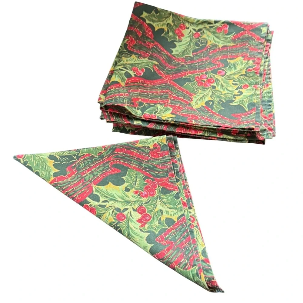 8 Christmas Holly Berry‎ Red Ribbon Green Cotton Cloth Napkins 18
